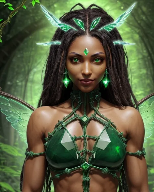 Prompt: Earth Genasi, female, 28, emerald eyes, dark green hair with crystal vines, earthy brown skin, lean athletic build, six feet tall, sharp angular features, upturned nose, knowing smile, translucent glowing green wings, leather jerkin, studded with crystals, nature-inspired attire.