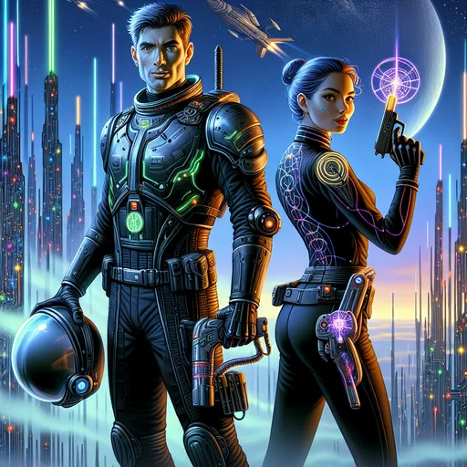 Prompt: "A stunning sci-fi fantasy artwork featuring an unlikely duo: a daring space explorer and a cunning cat burglar, set against the backdrop of a dazzling, futuristic alien metropolis.

The space explorer is clad in a sleek, high-tech spacesuit with glowing accents, their helmet tucked under one arm, revealing a determined face with a sense of justice. The other hand holds a plasma pistol, ready for action. Beside them, the cat burglar exudes charisma and mischief, dressed in a form-fitting stealth suit adorned with subtle neon circuitry. A small, holographic lockpick device glows in their gloved hand, hinting at their trade.

The two characters are framed in a dynamic pose, standing back-to-back as they prepare to face an approaching challenge. Their expressions convey an uneasy alliance: the explorer’s wary vigilance contrasts with the burglar’s confident smirk.

Behind them, the alien city pulses with vibrant energy. Towering spires reach toward a nebula-filled sky, with hovering vehicles zipping between shimmering skyscrapers. Neon lights and holographic advertisements cast colorful reflections on the sleek, metallic streets. Crowds of alien species bustle below, their features ranging from humanoid to fantastically otherworldly.

Above it all, a colossal ring-shaped space station looms in orbit, its surface twinkling with activity. The scene captures the tension, thrill, and unlikely camaraderie of two opposites navigating a high-stakes mission in a vividly imaginative universe."
