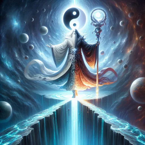 Prompt: "A towering entity of light and shadow stands on a glowing bridge suspended over an endless abyss. Their dual-colored robes shimmer with the balance of opposing forces, and in their hands, a massive staff tipped with a glowing yin-yang-like orb radiates harmony. Beneath them, the abyss churns with energy, reflecting their every judgment."