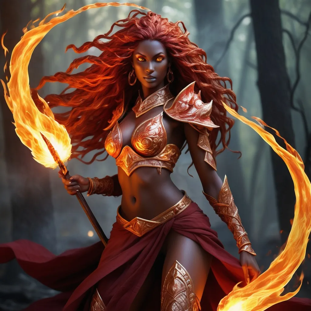 Prompt: Ignisara Emberblade is a 6-foot-tall figure of fiery beauty. Her skin, a deep, smoldering crimson, emits a faint warmth. Her hair, a wild mane of blazing copper, flows down her back, often curling with unseen flames. Her eyes, two fiery orbs of molten gold, flicker with intensity. Her features are sharp yet elegant, with a strong jawline and high cheekbones that hint at her fiery lineage. Her hands and feet are tipped with small, harmless flames that dance and crackle. Her attire consists of light, flame-resistant fabrics that billow around her, accentuating her ethereal form.