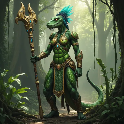 Prompt: Ss'thara Ss'kara is a majestic Lizardmen warrior queen, standing tall at a formidable height of 8 feet. Her scales shimmer in an intricate pattern of emerald greens and gilded golds, reflecting the sunlight that filters through the dense canopy of the ancient swamp she calls home. Her eyes, the color of molten amber, are sharp and piercing, capable of spotting prey from great distances. A regal crest of azure scales runs from her forehead to the base of her neck, signifying her royal lineage. Her tail, a powerful and versatile tool, is adorned with gleaming gold and jewel-encrusted rings, each telling a story of her valorous battles. Her muscular physique is a testament to her prowess in combat, yet she moves with an unmatched grace that belies her deadly capabilities. Ss'thara wields a weapon of ancient design: a ceremonial staff forged from the bone of a colossal swamp dragon, intricately carved and inlaid with precious materials, symbolizing her status as both a fierce protector and a wise leader. Her attire is minimalistic yet elegant, consisting of strategically placed armor plates made from the same dragon's scales, leaving most of her lithe body uncovered to showcase her natural armor and the battle-scarred history etched upon her. Her long, clawed fingers and toes end in sharp, gleaming talons that she keeps meticulously maintained. Her face, while reptilian, holds an unexpected softness to it, with delicate ridges framing her high cheekbones and a set of sharp, yet sensual, lips that can curve into a comforting smile or a terrifying snarl. Her movements exude an aura of both nobility and primal power.