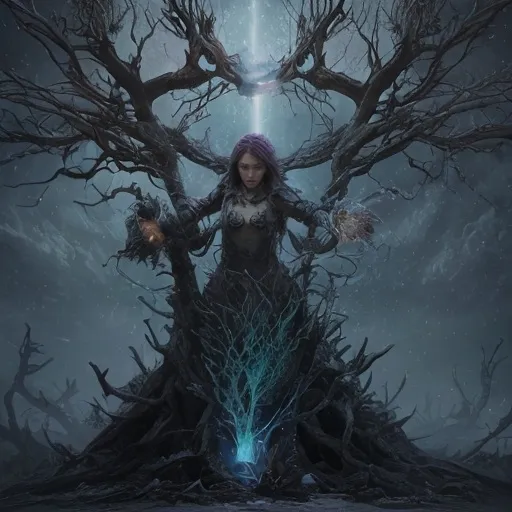 Prompt: With a roar that split the air, Leona directed the tempest's fury at the tree, her staff glowing brighter than the sun. The Phyrexians shrieked as the light of purification scorched their corrupted forms, their once-imposing figures crumbling to dust. The tree itself groaned, its ominous pulse quickening as it fought back against the storm's relentless onslaught.