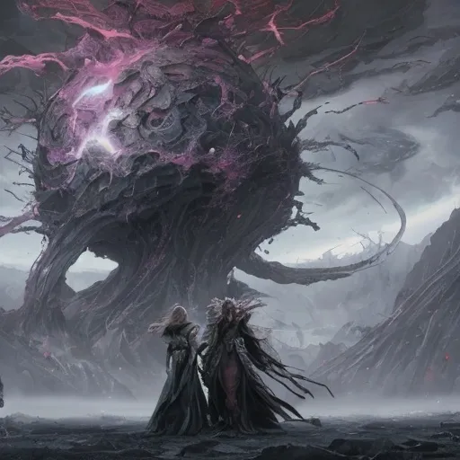 Prompt: With a final nod, Leona and Elspeth turned their gaze to the swirling chaos of the Conflux. The Phyrexian taint was thick there, a pulsing cancer on the fabric of reality. The very air was a cacophony of discordant whispers and the screams of the tortured lands.