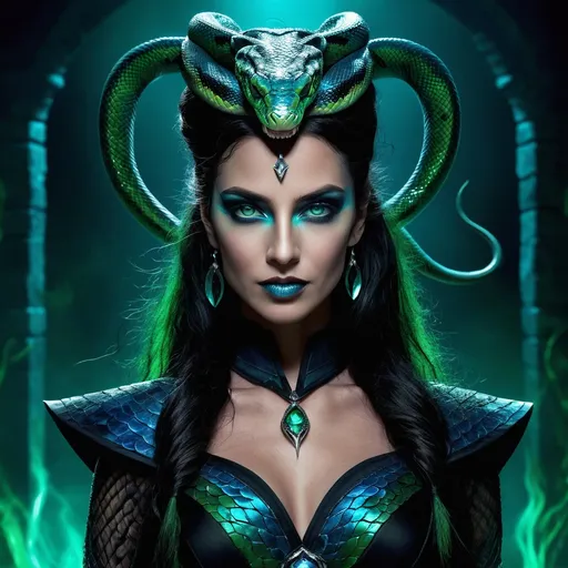 Prompt: Nyxilithia stands tall and regal, with a serpentine grace that speaks of ancient lineages and hidden knowledge. Her skin is a deep, iridescent black that shimmers in the moonlight, casting shades of blue and green as she moves. Her eyes are pools of emerald, slit like a snake's and filled with a cunning intelligence that seems to bore into the soul of those who dare to meet her gaze. Her hair is a cascade of inky darkness, adorned with beads of polished jet and emerald feathers that whisper secrets of the night. Her features are a harmonious blend of human and serpent, with sharp, high cheekbones and a narrow, pointed chin that gives her face an exotic allure. Her nose is slightly flattened, and her mouth curves into a perpetual smirk, revealing the fangs of her ancestry. Her slender body is covered in scales that flow from her neck down to her tail, which is as long and lithe as that of a royal cobra. The tail itself is tipped with a lethal barb, a reminder of the venom that courses through her veins. Her hands and feet are tipped with sharp claws, and she often adorns her fingers with rings that glint with precious stones and dark magic. She moves with a sinuous grace, each step calculated and precise, leaving one with the impression of a creature that could strike with lightning speed and deadly accuracy.