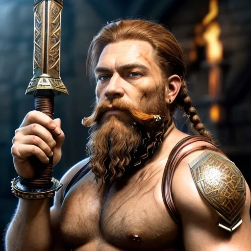 Prompt: Tall dwarf, robust frame, deep earthy brown skin, fiery molten gold eyes, ginger-copper beard, intricate braids, beaded beard, arched back, nobility, leather-metal patchwork armor, powerful shoulders, scarred hands, skilled blacksmith, Earth's Embrace hammer, crystal studs, ancient magic, rare horns, 