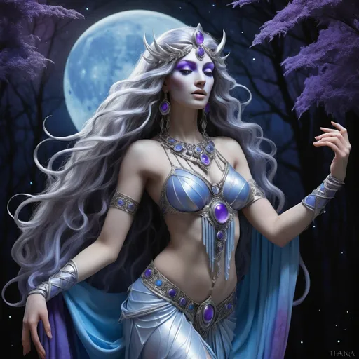 Prompt: Thara Moonshadow is a Magog, a rare and enigmatic species known for their ethereal beauty and otherworldly grace. Standing at a statuesque six feet tall, her skin is a shimmering silver that seems to dance with the light, often reflecting the soft blues and purples of the moonlit nights she so dearly loves. Her long, flowing hair cascades like a waterfall of obsidian, each strand adorned with delicate beads of silver that jingle softly as she moves. Her eyes are twin pools of liquid amber, surrounded by thick, dark lashes that seem almost too heavy for her delicate features. Her nose is straight and slender, her lips full and naturally tinted a soft pink. Her ears are pointed, elongated and adorned with intricate earrings that mirror the shape of the crescent moon. Her body is lithe and athletic, a testament to her centuries of honing her skills as a warrior and a dancer. Her fingers are long and nimble, perfect for plucking the strings of her magical lute, and her feet, bare and unblemished, leave no trace as she glides across the ground. She is often seen wearing a cloak of woven starlight that clings to her form, revealing just enough to hint at the intricate tattoos that cover her torso, each one a story from her long and storied past.