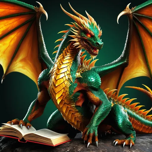 Prompt: Golden-emerald dragon, over millennium old, muscular frame, amber eyes, fiery-crimson-to-wisdom amber gaze, tattered wings, grandeur, scholarly demeanor, white beard with beads, charms, volcanic lair library, ancient tomes, artifacts, guardian, mentor, fair, impartial, gentle voice, human-fondness, compassionate, dragon sage, historian, arcane knowledge, battle-scarred, contemplative tail, Cloud Kingdom resident, diverse alliances, human potential believer.