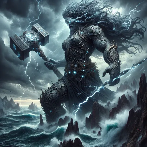 Prompt: "A colossal female Storm Giant, towering over a stormy seascape, her skin a deep, stormy gray with veins of crackling lightning coursing beneath the surface. Her long, flowing hair is a cascade of dark clouds, constantly shifting and rippling with bursts of electric blue and silver lightning. She stands atop a jagged cliff, her massive form illuminated by the flashes of lightning that streak across the sky, casting dramatic shadows. The tempest around her roars with powerful winds, and the ocean below churns in tumultuous waves, crashing violently against the rocks.

She is dressed in intricate armor made of enchanted stormclouds, with bolts of lightning running down her arms like tendrils of energy. In one hand, she wields a massive hammer forged from the heart of a thunderstorm, with glowing runes etched along its handle. The atmosphere is charged with raw, untamed energy, the air thick with the scent of ozone and saltwater. Above, dark clouds swirl in a vortex, illuminating the sky with powerful flashes of light. Despite the chaos around her, the female Storm Giant stands as a calm and commanding figure, her eyes glowing with the intensity of the storm she controls."