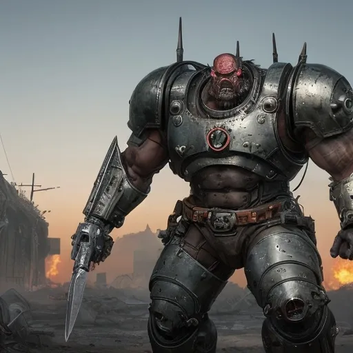 Prompt: Ork, male, 30, deep metallic green skin, towering, thick black mohawk, skull beads, trophy teeth, piercing blue right eye, biomechanical red left eye, bionic limbs, mechanical arms, buzzsaw right hand, power-klaw left hand, heavy plate armor, leather harness, grenades, knives, intimidating gear, cobbled-together metal, rogue Techmarine enhancements, Mekboy-fusion, Warlord, Ironjaw clan, battle-scarred, massive frame, heavy boots, clanking gear, tactical cunning, leader, legendary warrior, curious, loyal, clan protector, mechanical eye, formidable, battle-hardened.  [(full realism!), (realistic features!), (realistic settings!), (realistic filter!), (realistic photography!), (deep fake image!!)!]!