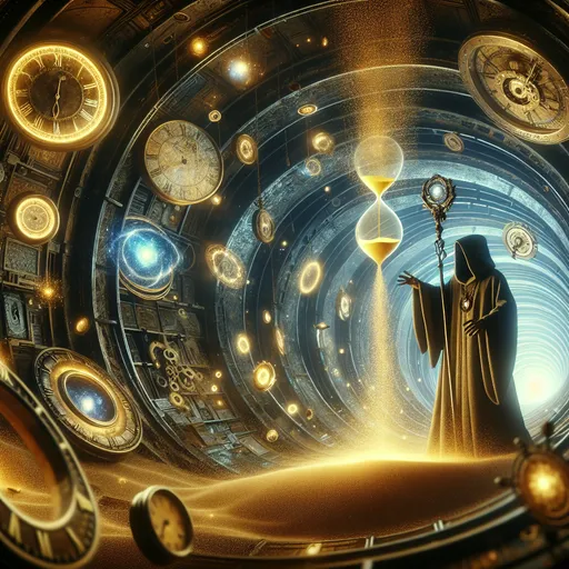 Prompt: "An ancient vault hidden in the heart of a temporal storm, filled with glowing clocks and hourglasses of every size, suspended in mid-air. A robed figure with a staff topped by a rotating galaxy stands at the center, manipulating time as golden sand flows upward into an enormous hourglass."