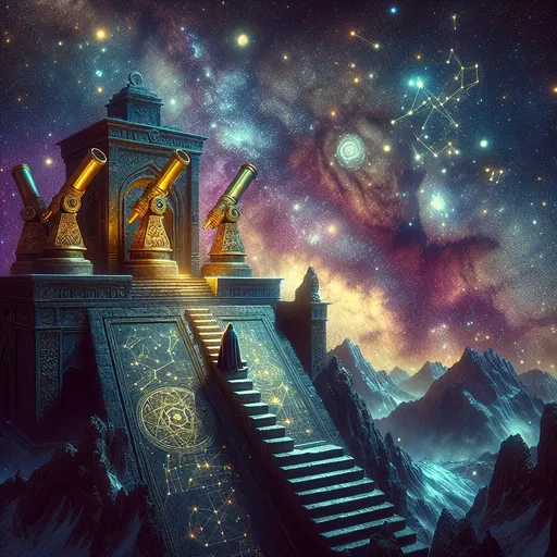 Prompt: Ancient Celestial Observatory "An ancient observatory perched on a mountain peak under a vivid night sky filled with swirling galaxies and stars. The structure is carved from dark stone, with massive golden telescopes and intricate constellations etched into the walls. Glowing runes encircle the base of the observatory, pulsing faintly as if alive. A hooded figure stands at the edge, gazing through a telescope, their silhouette illuminated by the cosmic glow. The scene is mystical and grand, emphasizing the beauty of the heavens and the ancient architecture."