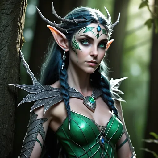 Prompt: Woodland Elf, female, 320 years old, moonlit silver-green skin, dark emerald hair with silver streaks, pointed ears, high cheekbones, sharp jawline, twilight blue eyes, intricate leaf jewelry, six-foot height, lithe athletic build, archer, elven ranger, enchanted spider silk clothing, mottled bark pattern, glowing runes, quiver of luminescent feathered arrows, moonstone-inlaid bow, heartwood staff, ancient treant mentor, moonlit healer, ethereal beauty, elvish grace, harmonious attire, elven elegance, forest guardian, wise, empathetic, serene, firm, humble, nature-bonded, fierce protector.