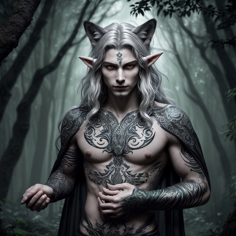 Prompt: Lysander Valtara is a creature of mesmerizing beauty and ethereal grace, a rare breed of Shifter hailing from the enigmatic lands of Eldara. His true form, a blend of mythical elf and majestic wolf, is a sight to behold. His skin, a soft shade of moonlit silver, is adorned with intricate tattoos that dance with every shift of his form. These markings are not mere decorations but a map of his lineage and a testament to his prowess as a Shifter. His eyes, a piercing shade of emerald, gleam with an ancient wisdom that speaks of countless lifetimes spent in the forests of Eldara, mastering the art of transformation. His hair, a wild cascade of midnight black, falls to his shoulders, framing a face that is both fierce and serene. When in his elfin guise, Lysander stands tall and lithe, his pointed ears peeking out from the shadows of his locks. His features are sharp, yet refined, a harmonious blend of feral instinct and elven elegance. His wolf form is equally captivating: a sleek, shadowy creature with eyes that burn with a green fire that mirrors the forest canopy. His fur is the color of the night sky, dotted with silver stars, and his movements are liquid and silent, a silent sentinel of the moonlit woods.