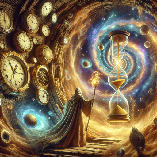 Prompt: "An ancient vault hidden in the heart of a temporal storm, filled with glowing clocks and hourglasses of every size, suspended in mid-air. A robed figure with a staff topped by a rotating galaxy stands at the center, manipulating time as golden sand flows upward into an enormous hourglass."