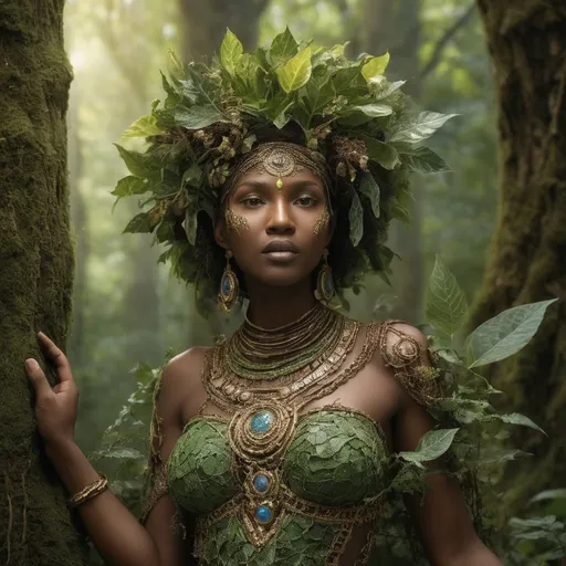 Prompt: In the heart of a verdant forest, where ancient trees whisper secrets to the wind and the earth pulses with life, there exists a remarkable being known as the Earth Genasi. This enchanting woman embodies the very essence of the soil from which she hails, her skin a rich mosaic of earthy tones that shimmer with a soft luminescence, like sunlight filtering through leaves. Her hair cascades in wild, untamed waves, resembling cascading waterfalls of moss and ivy, interspersed with delicate flowers that bloom and thrive in her presence. Her eyes, a deep shade of amber, hold the wisdom of ages, reflecting the strength and resilience of the mountains. When she moves, the ground beneath her feet seems to respond, growing lush and vibrant in her wake, as if nature itself acknowledges her power. Clad in garments woven from natural fibers, adorned with gemstones that capture the very essence of the earth, she exudes an aura of tranquility and strength. As a guardian of the land, she possesses an innate ability to communicate with flora and fauna, calling forth their aid when needed. Her connection to the earth grants her mastery over the elements—she can summon the might of stone and soil to shield her allies and vanquish foes. With a gentle yet unwavering spirit, the Earth Genasi walks the delicate line between nurturing nature and wielding the formidable power of the earth itself, forever committed to preserving the balance of her enchanted realm.