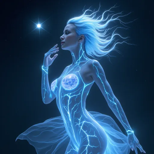 Prompt: Zephyrine Luminara is a mesmerizing creature of pure, radiant plasma, a rarity among her kind. Her form is fluid and ever-shifting, often taking the shape of a slender, graceful woman adorned with delicate tendrils of electric blue and silver light. Her 'hair' is a cascade of plasma currents that flow like liquid silk, reaching down to her waist and often moving of their own accord, dancing to the rhythms of her emotions. Her eyes are twin orbs of swirling cerulean flame, capable of piercing the darkest of spaces with their luminescence. Her 'skin' is a soft, undulating aurora that shimmers with hues of azure and white, reflecting the myriad of stars from her home planet. When at rest, she is a serene vision of cosmic beauty, but when agitated, her form crackles with energy, lightning bolts leaping from her fingertips and her aura pulsing with power. Standing at a height that is both human-like and ethereal, she emits a gentle warmth that is comforting rather than scalding. Her movements are as elegant as they are unpredictable, a testament to the chaotic yet harmonious nature of the plasma she is composed of.