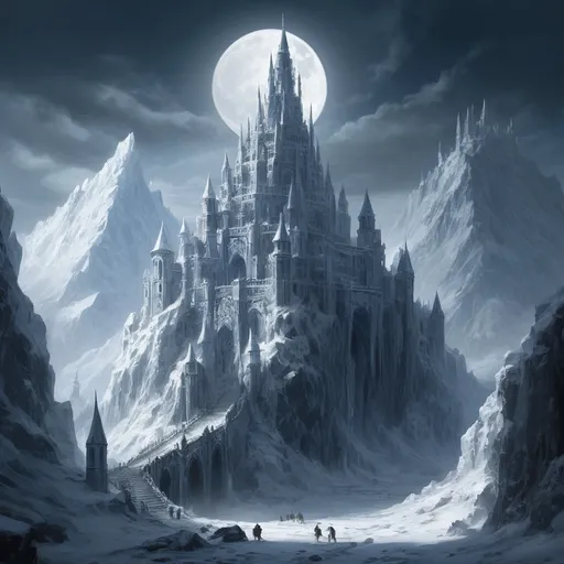 Prompt: Eternal Blizzard Citadel
"At the peak of an icy mountain range, a colossal citadel stands defiant against a raging blizzard. Its towers are carved from ice and reinforced with gleaming silver, catching the light of an enormous full moon that pierces through swirling snow. Giant ice bridges connect the spires, while frost-covered banners wave violently in the wind. At the citadel’s center, a glowing crystalline throne radiates warmth and light, contrasting with the frozen surroundings. Ancient, frostbitten statues line the entrance, their expressions solemn and proud. The atmosphere is harsh yet regal, with intricate details on the icy surfaces, snow-laden banners, and the radiant throne."