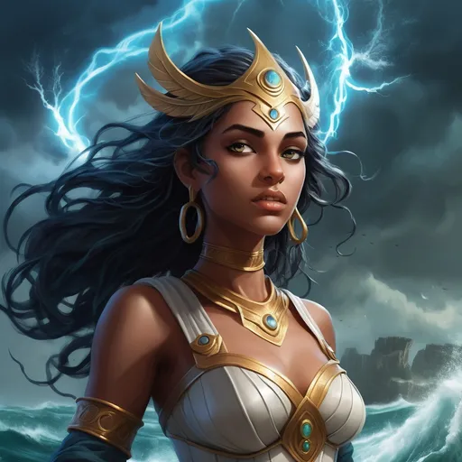 Prompt: Aleera hails from the mythical realm of Aetheria, a plane where gods and mortals once intertwined their destinies. Born to a human seafarer and the elusive goddess of storms, she grew up amidst tales of her mother's tempestuous rages and her father's steadfast valor. Her mother, Elysia, would visit Aleera in her youth, bestowing upon her the gifts of the skies and whispering secrets of the ancient world into her eager ears. As Aleera matured, she found herself drawn to the mortal realm, where she could feel the raw power of the elements and the boundless potential of human spirit.

Her early years were spent among the storm-worshipping clans of the Cloudspinners, a nomadic people who traversed the skies on great floating vessels, harnessing the fury of the tempest to navigate the unpredictable winds. Aleera's talents grew, and she became a respected leader among her kind, guiding her people through treacherous skies and fierce battles against rival clans and monstrous creatures that dwelt in the heights.

However, her curiosity about her mortal heritage grew stronger. One fateful day, she stowed away on a trading ship that ventured too close to Aetheria's borders and was swept into the tumult of human life. She discovered the vast lands beneath the clouds, where she found both wonder and heartache in equal measure. The injustices and suffering she witnessed fueled her desire to bridge the gap between gods and mortals, hoping to bring balance and peace to a world too often ravaged by divine whims.