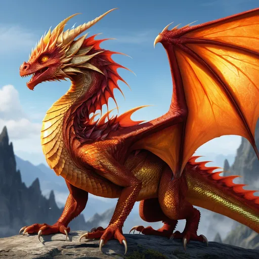 Prompt: gender: female, race: dragon, age: young adult, scales: iridescent fiery oranges, deep molten reds, eyes: pure amber, glowing inner flame, head: gold-tipped spike crown, wings: vast, crimson, gold latticework, warm pulsing feathers, tail: lithe, sharp spike, height: seventy-five feet, body: muscular, volcanic home, ancient art: volcanic dance, exile, ancient language master, sonic sorcery, sacred Phoenix Flame, ethereal glow, calm exterior, fierce warrior spirit, poetic speech, humble, empathetic, nurturer, soft spot for injured creatures, skilled mediator, soothing voice, understanding heart.