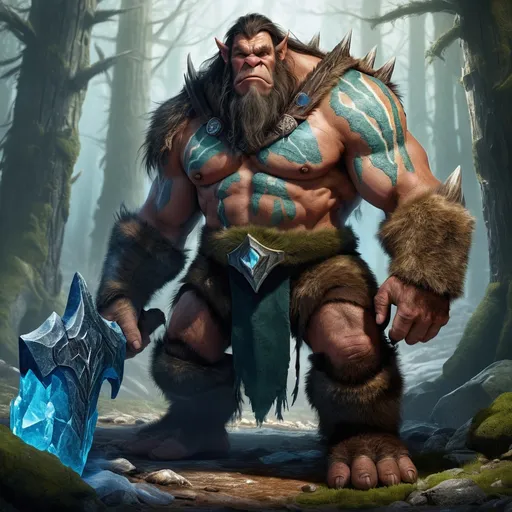 Prompt: Thronk Stonebreaker towers at an impressive height of 8 feet, a testament to his Goliath lineage. His skin is a rich, earthy brown, mottled with the blue and green veins that pulse with the lifeblood of his ancestry. His eyes are like chips of ancient glacial ice, reflecting the wisdom of countless generations that have come before him. His face is broad and strong, with a heavy brow that casts a shadow over deep-set eyes and a proud, aquiline nose. A thick beard, the same color as his skin, is adorned with intricate carvings of the runes that symbolize his clan's history and his own personal triumphs. Thronk's body is a monument to power and endurance, sculpted by the harsh climbs of the mountainous terrain and the heavy burdens he's borne over the years. His muscles ripple like the earthquakes that shake the lands he calls home, and his posture is unyielding, as if the very mountains bow before him. He carries the weight of his massive warhammer, Heartquake, with ease, the weapon a silent testament to his fierce might. Thronk's skin is etched with tattoos that tell the story of his ancestors' battles and his own journey of discovery, each line a verse in the epic poem of his existence. He wears a simple fur-lined loincloth and a cloak made from the pelt of a frost giant, a trophy from his youth, which is now faded to a soft gray with age. Around his neck hangs an amulet of polished stone, the heart of an ancient mountain, said to contain the whispers of the earth itself.