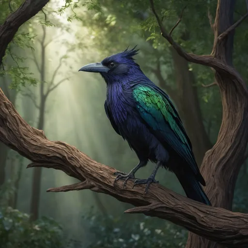 Prompt: In the heart of a sun-drenched forest, a male Kenku perches atop a gnarled branch, his slender form cloaked in feathers that shimmer with shades of midnight blue and iridescent green. His eyes, bright and intelligent, gleam like polished onyx, reflecting the world around him with an uncanny awareness. With a beak shaped like that of a crow, he possesses an air of mystery and mischief, hinting at tales spun from the whispers of the wind. His elongated fingers, tipped with sharp claws, deftly manipulate an assortment of colorful trinkets and shimmering baubles collected from distant lands. Adorned with a patchwork vest made of vibrant fabrics, each stitch tells a story of adventures past, while a belt of tiny pouches hangs at his side, filled with curious items and magical components. Flitting between shadows and sunbeams, the Kenku is a master of mimicry, his voice a melodic tapestry of sounds that can imitate both the gentle rustling of leaves and the sharp caw of his avian kin. In the presence of others, he often weaves snippets of conversations, crafting them into enchanting tales filled with humor and intrigue. With a mischievous grin, he embodies the free spirit of the forest, a guardian of secrets, and a wanderer of worlds, forever seeking new stories to tell and treasures to uncover.