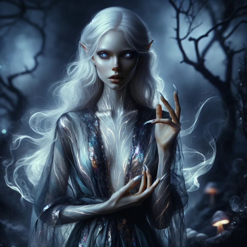 Prompt: Enigmatic Female Changeling Shapeshifter
"A mysterious female Changeling stands in a shadowy glade, her form shifting between ethereal beauty and enigmatic formlessness. Her pale, almost translucent skin glows faintly under the soft light of the crescent moon, and her silvery-white hair flows like liquid starlight. Her facial features subtly shift, blending elements of human, elf, and otherworldly beauty, making her appear both familiar and alien. Her piercing, shifting eyes alternate between hues of blue, gold, and violet, reflecting the fluidity of her nature.

She wears a gown that seems alive, constantly altering its texture and color, flowing seamlessly from silk-like fabric to shadowy mist to glistening scales. Her hands extend slightly, trailing tendrils of shimmering mist that dissolve into the night air. In her presence, the air shimmers faintly, as if reality itself bends and reshapes around her.

The glade is a dreamlike space, with glowing mushrooms, twisting vines, and patches of soft moss illuminated by drifting orbs of light. Reflections in a nearby pool ripple unnaturally, showing glimpses of alternate forms and realities. The Changeling exudes mystery and power, embodying the infinite possibilities of her ever-changing nature."