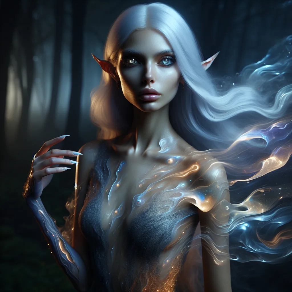 Prompt: Enigmatic Female Changeling Shapeshifter
"A mysterious female Changeling stands in a shadowy glade, her form shifting between ethereal beauty and enigmatic formlessness. Her pale, almost translucent skin glows faintly under the soft light of the crescent moon, and her silvery-white hair flows like liquid starlight. Her facial features subtly shift, blending elements of human, elf, and otherworldly beauty, making her appear both familiar and alien. Her piercing, shifting eyes alternate between hues of blue, gold, and violet, reflecting the fluidity of her nature.

She wears a gown that seems alive, constantly altering its texture and color, flowing seamlessly from silk-like fabric to shadowy mist to glistening scales. Her hands extend slightly, trailing tendrils of shimmering mist that dissolve into the night air. In her presence, the air shimmers faintly, as if reality itself bends and reshapes around her.

The glade is a dreamlike space, with glowing mushrooms, twisting vines, and patches of soft moss illuminated by drifting orbs of light. Reflections in a nearby pool ripple unnaturally, showing glimpses of alternate forms and realities. The Changeling exudes mystery and power, embodying the infinite possibilities of her ever-changing nature."