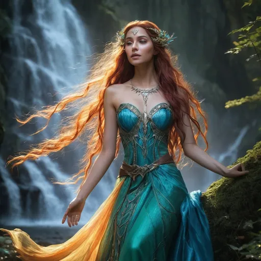 Prompt: In the heart of the mystical Feywild, where the vibrant hues of the seasons dance in perpetual harmony, dwells the enchanting female Eladrin. With skin that glimmers like moonlight streaming through a gossamer veil, she embodies the essence of nature’s beauty. Her hair flows like cascading waterfalls, shifting colors with the seasons—blossoming pastels in spring, fiery reds and golds in autumn, and deep, serene blues in winter. Elegant and ethereal, her tall, willowy frame is adorned in garments spun from the finest silks, woven with patterns that echo the landscapes of her enchanted realm. Her eyes, bright and luminous, reflect the ever-changing sky, revealing wisdom beyond her years and a playful spirit that dances on the edge of mischief. This Eladrin possesses an innate connection to the natural world, able to commune with flora and fauna alike. With a flick of her wrist, she can summon gentle breezes or coax blossoms to bloom, commanding the elements with grace and ease. Yet beneath her serene exterior lies a fierce warrior's heart, trained in the ancient arts of magic and archery. When her loved ones are threatened, she becomes a force of nature, wielding spells that shimmer like starlight and arrows that fly true. A guardian of her realm, she is both protector and enchantress, weaving tales of adventure and wonder wherever her journey takes her. In her presence, the ordinary becomes extraordinary, and the world is forever touched by her ethereal charm.