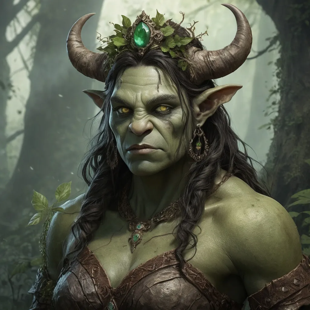 Prompt: Brutara Stonecrusher is an Ogre, she stands tall at nearly 8', her emerald skin glistening with the morning dew of the evermoor. Her eyes are a piercing shade of amber, hinting at an ancient wisdom beyond her years. Her tusks curve elegantly, almost like a crown of ivory, and her hair is a wild tangle of vines and leaves that seem to have grown into her very being. Her body is robust and powerful, with muscles rippling beneath her foliage-covered fur. Adorned with intricate tattoos telling the story of her ancestry, she wears a simple loincloth and carries an enormous wooden staff carved from the heart of an ancient treant.