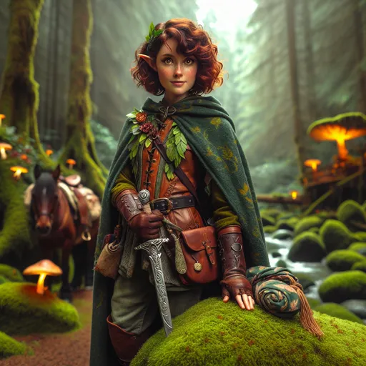 Prompt: "A spirited female halfling stands confidently atop a moss-covered boulder in the heart of a vibrant forest, her presence radiating charm and determination. Her petite frame is clad in a well-worn leather adventurer’s outfit, complete with a green cloak embroidered with subtle leaf patterns. Her curly auburn hair is tied back with a scarf, and her sparkling hazel eyes gleam with curiosity and mischief. She grips a finely crafted short sword in one hand, its hilt adorned with intricate carvings of vines and flowers, while her other hand rests on her hip near a pouch overflowing with mysterious trinkets and maps. Around her, the forest teems with life—colorful songbirds, glowing mushrooms, and faint beams of sunlight breaking through the canopy. Behind her, a trusty pony laden with supplies waits patiently, while a hidden trail winds deeper into the woods. The scene captures her spirit of exploration, resourcefulness, and unyielding optimism in the face of adventure."