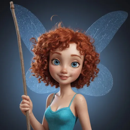 Prompt: Tinkerbell Brighthop is a 50 year old Kender, she is small. lively Kender with a mop of curly, fiery red hair and a smattering of freckles across her cheeks. Her eyes, a sparkling blue, dance with curiosity and mischief. standing at over 3 feet tall, she has a slender frame, yet her boundless energy and quick reflexes make her seem almost weightless. Her clothing is a whimsical blend of brightly colored fabrics, with various pockets and pouches holding an ever-changing assortment of trinkets and tools. her favorite accessory is a tiny, brass gnome-crafted spectacle that she wears around her neck, using it to peer at the world with magnified wonder.