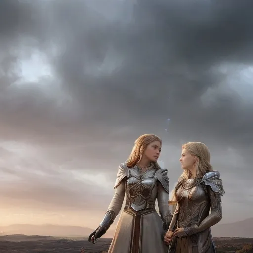 Prompt: Leona's heart swelled with camaraderie as she took Elspeth's hand. They watched as the tempest clouds above them grew denser, swirling with an eager energy. The time for rest had passed, and the call to action grew ever stronger.