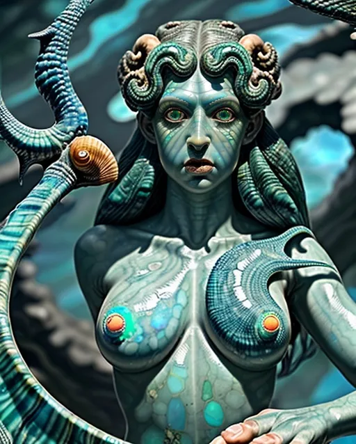 Prompt: Female, Cyclops, 230 years old, deep blue-green marbled scales, shimmering opal-like skin, single emerald eye with navy sclera, dinner plate-sized pupil, kelp-like hair with seashell and coral adornments, flat wide nose, slit mouth with sharp teeth, fifteen-foot height, muscular build, three-fingered hands, webbed feet, noble Atlantian heritage, skilled blacksmith, graceful movement.