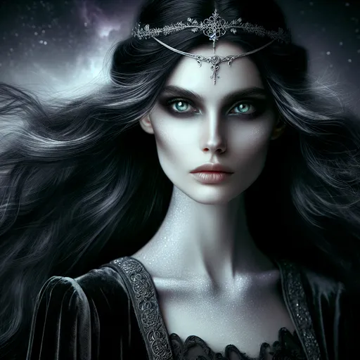 Prompt: Elara Nightshade is an ethereal beauty with long, flowing raven hair that seems to shimmer with a hint of starlight. Her eyes are a piercing shade of emerald that can both comfort and unnerve in a single glance. Her skin is pale and flawless, and she stands tall with an elegant poise that belies the centuries she has lived. She prefers to dress in a blend of dark velvets and silks, adorned with intricate silver runes that whisper of ancient magic. A thin, silver circlet rests upon her forehead, holding back her hair and framing her sharp features.