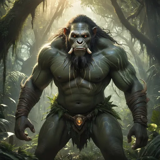 Prompt: "Highly detailed, realistic scene featuring a male Orcling, a powerful humanoid with green skin, tusked features, and glowing amber eyes. He stands proudly in the middle of an ancient, overgrown jungle, his muscular frame highlighted by the sunlight filtering through the dense canopy above. His skin is textured with scars and battle markings, while his tusks gleam with a hint of gold. He wears a combination of animal-hide armor and tribal adornments, with intricate, hand-carved details. In the background, the jungle is alive with rich, vibrant greens, tall trees, and vines, while a majestic waterfall cascades into a crystal-clear pool. The atmosphere is charged with primal energy, and a soft, magical glow radiates from the Orcling’s hands, hinting at his connection to ancient, mystical forces. The scene combines realistic details with vibrant colors, creating a powerful and awe-inspiring atmosphere."