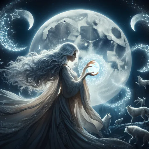 Prompt: "A graceful sorceress floats in the air beneath a massive, glowing full moon. Her silvery hair and robes ripple like water, reflecting the moonlight. In her hands, she weaves shimmering, crescent-shaped spells that flow outward, forming constellations in the night sky. Around her, glowing lunar wolves prowl silently in the darkness."