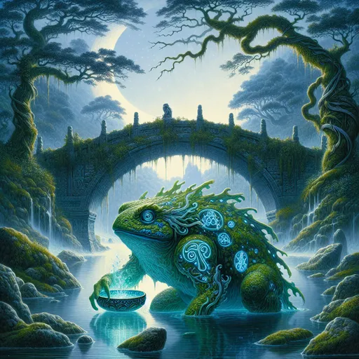 Prompt: *"A mystical kappa emerges from the tranquil waters of an ancient, enchanted river, surrounded by a serene yet eerie landscape. The kappa’s amphibian form is intricately detailed, with smooth, moss-green skin glistening with droplets of water and textured with patches of algae and faintly glowing blue runes. Its turtle-like shell is ornate, engraved with swirling symbols of water magic, while its humanoid limbs end in webbed hands and clawed fingers that hint at both grace and menace.

The kappa’s head features a unique dish-like depression filled with shimmering water, glinting with ethereal light under the moonlit sky. This mystical liquid seems alive, swirling gently as though imbued with ancient power. The creature’s wide, yellow eyes radiate both wisdom and cunning, while a faint, mischievous grin reveals sharp, fish-like teeth.

The setting is a dreamlike riverscape, with twisted trees draped in glowing bioluminescent vines lining the banks. Mist rises off the water, illuminated by the soft glow of floating lanterns and schools of radiant, magical fish. Nearby, an ancient stone bridge crumbles into the river, its moss-covered arch suggesting the passage of countless centuries. Cherry blossoms fall softly from unseen branches, creating a juxtaposition of serenity and otherworldly magic.

The color palette emphasizes luminous greens, soft blues, and silvery moonlight, with delicate highlights of glowing gold and pink. The overall effect evokes an atmosphere of mystery, tranquility, and the uncanny allure of this enigmatic water spirit, making it a perfect centerpiece for a collectible fantasy NFT."*