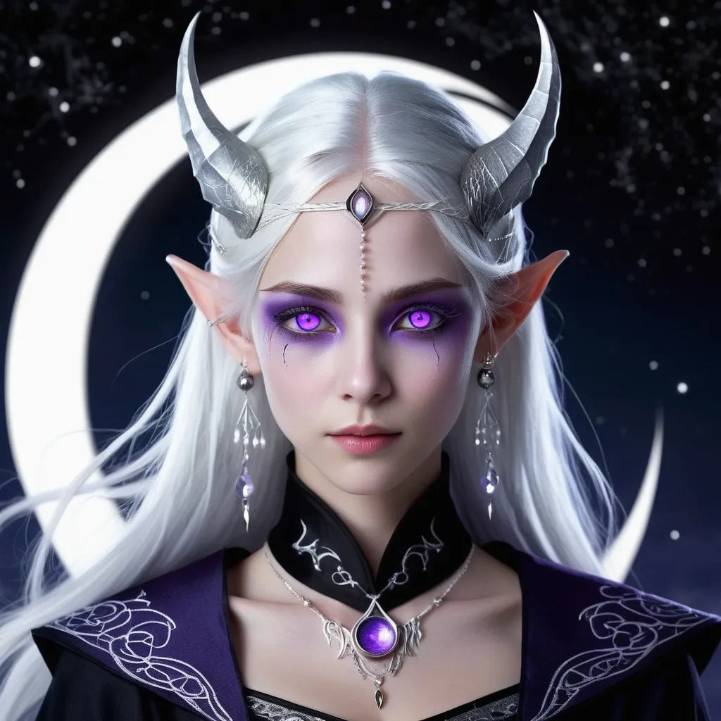 Prompt: gender: female, age: 175, race: Trow, visual appearance: midnight-silver skin, deep violet eyes, lunar pupils, silky white hair, glowing under moonlight, silver earrings, moon priestess attire, tapestry of shadows and silks, pointed ears with silver rings, silver circlet with ancestral carvings, ethereal grace, nimbleness, moonlit glow, serene wisdom, fluid movements, moonlit clothing.