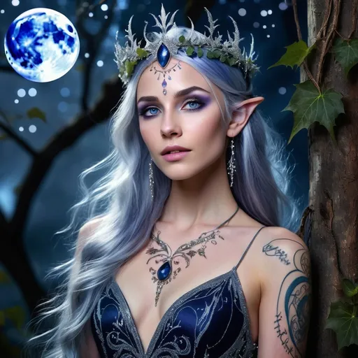 Prompt: Eladrin, silver skin, deep sapphire eyes, moonlit hair, nightfall color spectrum, 6.5 feet tall, graceful, ethereal, shimmering tattoos, starlit constellations, flowing gown, moonlit mist, silver threads, stardust accents, bare feet, frost-covered ivy crown, moon magic, moonlit heritage, archfey daughter, celestial college, moonlit kingdom, ancient wisdom, ageless beauty, enigmatic, lunar moods, sharp wit, diplomat, spy, warrior, healer, protector of nature, gentle touch, full moon vibrancy, introspective, boundless empathy.