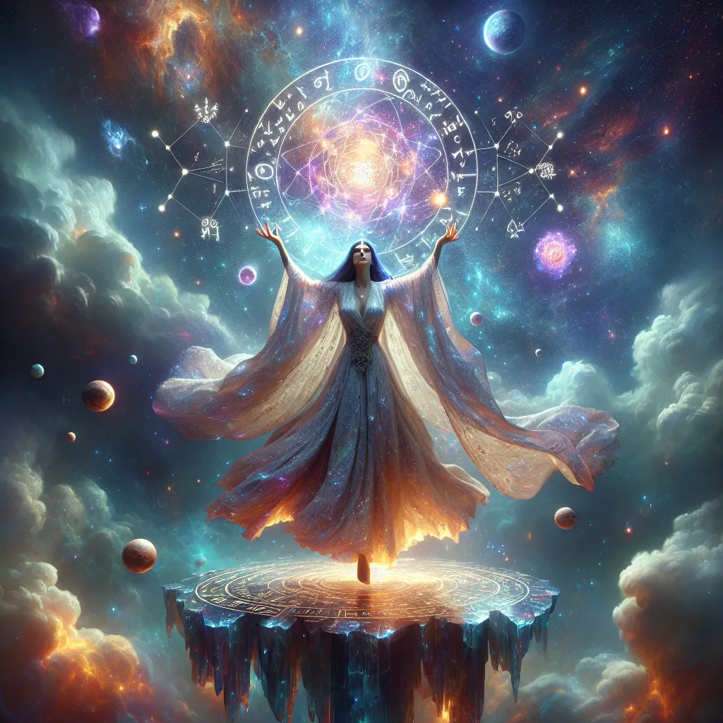 Prompt: "A celestial sorceress standing on a floating island of crystal, her flowing robes sparkling like galaxies. She raises her arms to summon stars, creating an orb of radiant light. Surrounding her are floating runes and constellations, with a cosmic nebula swirling in the background."