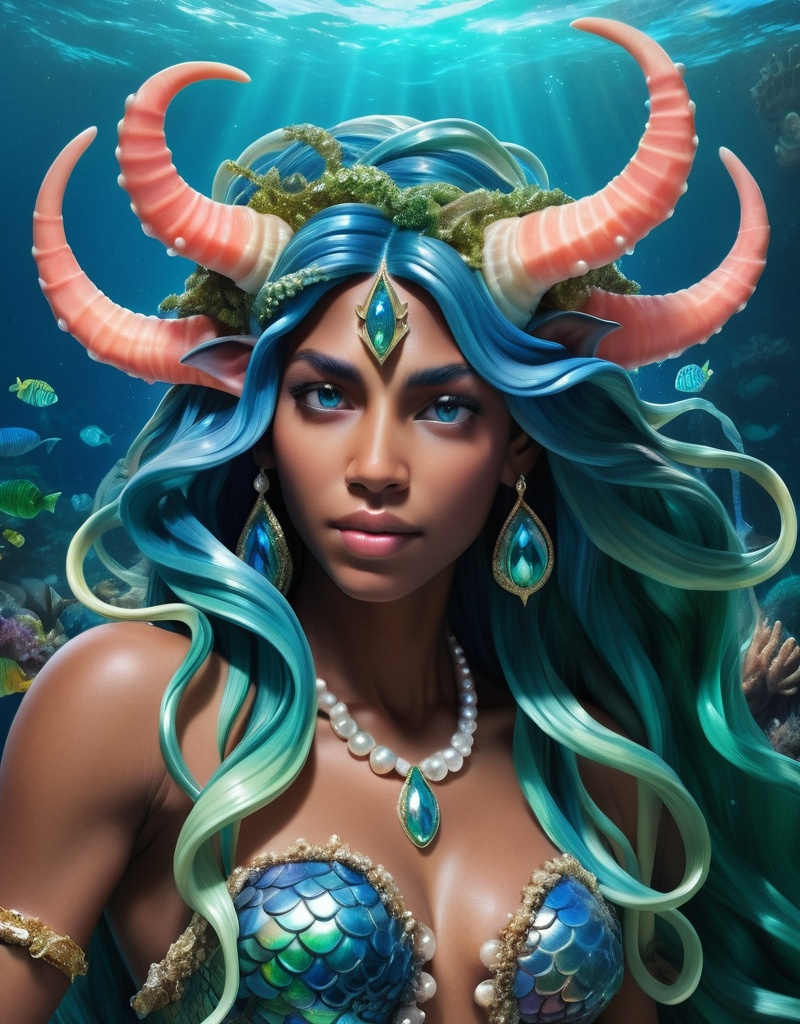 Prompt: Serena Castellanos is a striking triton with skin that shimmers in a iridescent mix of ocean blues and greens, reflecting the underwater world she calls home. Her long, flowing hair is a cascade of aquatic colors, often adorned with delicate coral  and pearl accessories. Her eyes are pools of deep, mysterious blue , and she has a set of majestic horns that spiral out from her forehead, reminiscent of an ancient sea goddess. Her lower body is a powerful, scaly tail that transitions into a myriad of shimmering fish scales, ending in a spectacular flourish of cerulean and emerald. She stands tall with a regal posture, her human torso  adorned in seashells and kelp, revealing her toned physique and the occasional glimpse of her enchanting tail.