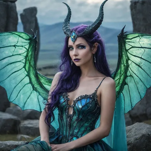 Prompt: fantasy succubus, (happy expression), long dark purple hair, sheer turquoise gown, diamond horns, visible fangs, (black blue and green molten glass fairy wings), reveling joyfully, dramatic blue lightning, enchanting Stonehenge backdrop, deep and moody color scheme, ethereal ambiance, (highly detailed) quality, mystical atmosphere with a touch of whimsy.