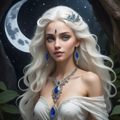 Prompt: Lunaara Moonshadow is a mesmerizing Elaraan, a rare lunar-born species whose lineage dates back to the ancient times when the moon itself was said to be a sentient being. Her ethereal beauty is accentuated by her translucent, moonlit skin that seems to radiate a soft glow even under the harshest of suns. Her hair is a cascade of silver and white strands that appear to flow like liquid starlight, often reaching down to her waist. Her eyes are pools of deep sapphire, reflecting the mysteries of the night sky and filled with an ancient wisdom beyond her years. Her frame is slender and graceful, yet surprisingly strong for her kind, allowing her to navigate the treacherous landscapes of her moonlit homelands with ease.

Her attire is a testament to the harmony between the natural world and the cosmos. She wears a scant ensemble of interwoven lunar vines and delicate moonflower petals that cling to her body, revealing her elegant curves while leaving enough to the imagination. The garments are enchanted to shimmer with a soft, pulsing light that matches her skin's lunar glow. Her feet are adorned with sandals made from the toughened scales of a moonlit serpent, granting her silent footsteps and sure grip on any terrain. Around her neck hangs an amulet, a piece of crystallized moonbeam, which holds the essence of her ancestral spirit guide, a majestic moon hawk named Lunara. Her pointed ears are pierced with delicate studs of star-metal that glint as she moves her head, and her slender fingers are tipped with nails that can retract into sharp claws at will.