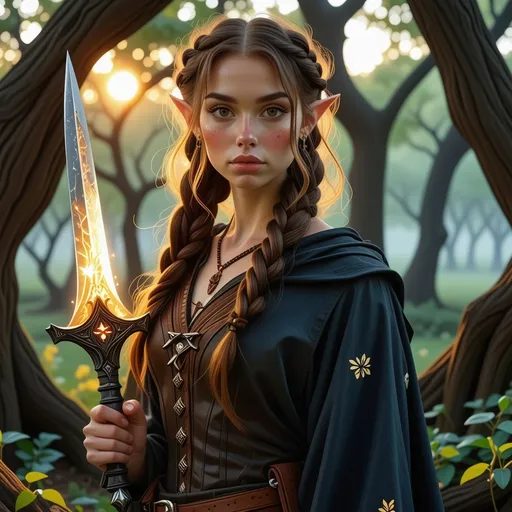 Prompt: "A striking female half-elf with sun-kissed skin and chestnut hair braided with wildflowers, standing amidst an ancient grove bathed in the warm glow of twilight. Her piercing hazel eyes glimmer with both elven grace and human determination. She wears a leather tunic adorned with intricate carvings of vines and leaves, paired with a cloak that shimmers like a fading sunset. In one hand, she holds a curved, enchanted scimitar that glows faintly green, and in the other, a wooden talisman carved with druidic runes. Around her, the grove seems alive — trees sway gently as glowing wisps of light float through the air, casting an otherworldly aura over the sacred space."