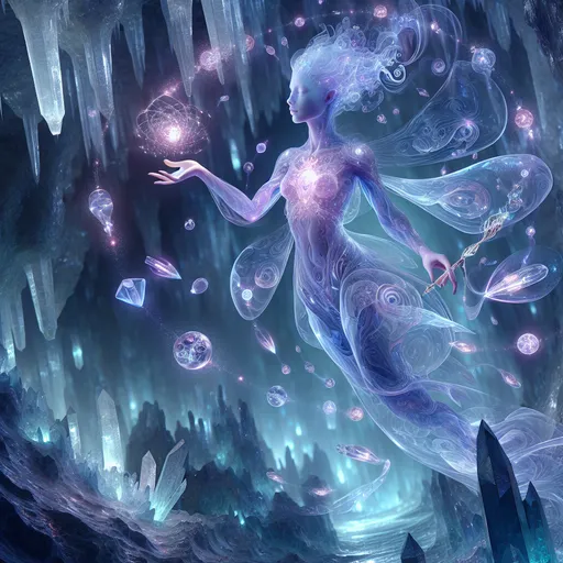 Prompt: The Shapeshifting Luminary
"A radiant female plasmoid glides effortlessly through a crystalline cavern, her semi-transparent, gelatinous form shimmering with hues of lavender and cerulean. Her shape shifts subtly with each graceful movement, tendrils of her body forming delicate, flowing patterns that sparkle with tiny motes of bioluminescent light. Her 'face' is an artful suggestion of features, a glowing core at her center pulsing like a heartbeat, radiating warmth and life. Adorning her fluid form are suspended fragments of enchanted crystal and metallic ornaments, orbiting her like a constellation. In one pseudopod, she holds a glowing staff crafted from fused quartz and infused with ancient runes. The cavern walls reflect her light in dazzling patterns, creating an otherworldly display as she manipulates the environment with her innate control over matter, crafting beauty from chaos."