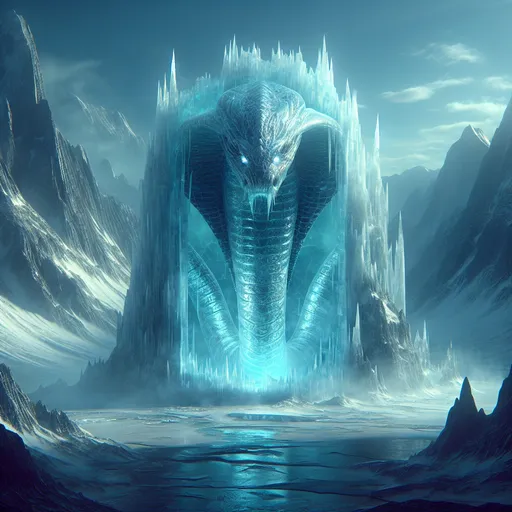 Prompt: "A massive serpent-like creature trapped within a glacier, its icy prison glowing faintly with a bluish light. Its massive, crystal-clear body is laced with veins of shimmering frost, and its glowing eyes hint at a terrifying intelligence. Around the glacier, jagged peaks rise into the frozen mist, forming a natural fortress."