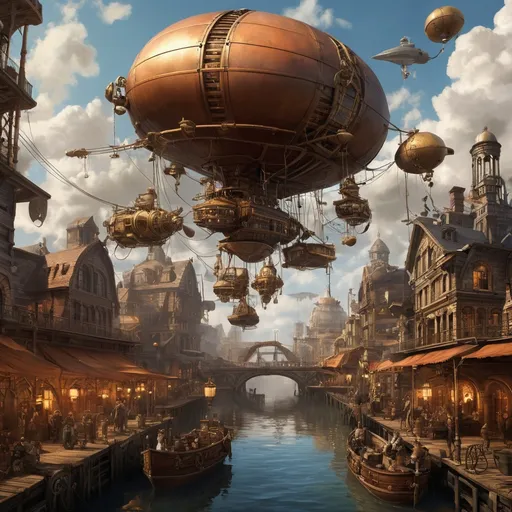 Prompt: Steampunk Airship Harbor
"A bustling steampunk harbor filled with massive, ornately designed airships tethered to floating docks. The air is alive with the hum of machinery and steam vents puffing clouds into the amber-lit sky. Engineers in leather aprons and goggles work tirelessly on intricate gears and pipes, while merchants display glowing wares under brass-framed lanterns. A grand flagship dominates the scene, its polished hull adorned with gilded carvings and glowing runes. The mood is lively and detailed, capturing the intricate fusion of steampunk technology and a vibrant marketplace."