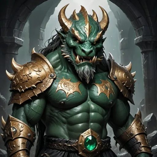 Prompt: Grunthor Ironfist towers over his kin and adversaries alike, a colossal figure of unyielding might. His emerald-green skin is scarred and pitted, a tapestry of battles fought and won, each one a testament to his unrelenting spirit. His eyes burn with an intensity that pierces the gloomiest of nights, twin embers set deep within a craggy, frowning face. Thick, unruly hair the color of midnight cascades down his back, often braided with the teeth of slain beasts. Atop his head sits a crown forged from the bones of his fiercest enemies, a symbol of his dominance. The ogre's body is a sculpture of muscles and sinew, a formidable mass that seems to defy the very laws of gravity. His hands are the size of hammers, each finger adorned with rings of ancient metal, etched with runes that whisper of power and protection. His attire is a mix of the finest looted armor and the hides of mythical creatures, patchworked together with intricate care to form a suit that is as intimidating as it is functional. A thick beard, the envy of his kind, frames a grin that splits his face, revealing a set of teeth that could shatter steel. The Ironfist clan crest, a snarling dragon wrapped around an anvil, is emblazoned upon his broad chest in gleaming gold. Despite his fearsome visage, there is a certain nobility to his bearing, a reminder of the storied lineage that courses through his veins.