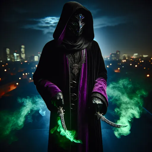 Prompt: "A shadowy figure cloaked in black and deep purple moves silently through a moonlit cityscape. Their twin daggers glimmer faintly with a venomous green glow, and their mask hides a face etched with intricate runic tattoos. Around them, the shadows seem to come alive, twisting and shifting to conceal their every move."