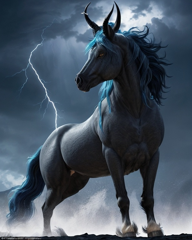 Prompt: Grahlara Stormsoul is a majestic and fearsome creature of mythic proportions. Her fur, a tumultuous blend of midnight blue and silver, shimmers in the moonlight like a tempestuous sea. Standing tall at seventeen hands, her muscular frame is built for both speed and power, with a proud, elongated neck and a fierce, equine face. Her eyes are pools of cerulean, filled with an ancient wisdom that pierces through the veil of any mortal soul. Her mane and tail are wild and untamed, made of strands of lightning that crackle and dance when she is agitated. Her horns, twisted and sharp like shards of ice, stretch proudly towards the heavens. Her hooves are the size of dinner plates, leaving behind prints that could be mistaken for the craters of a meteor shower.